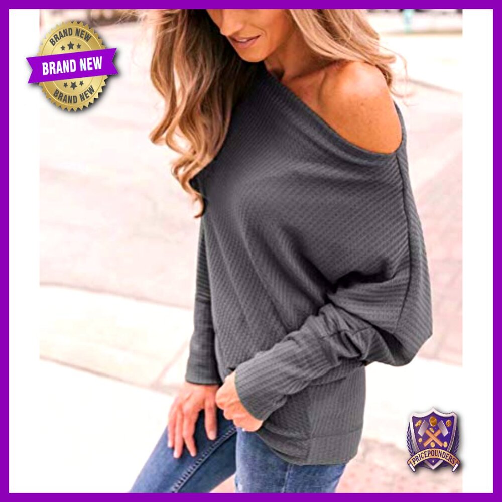 Oversized Off Shoulder Waffle Knit Sweater Pullover Tunic Top - Picture 3 of 7